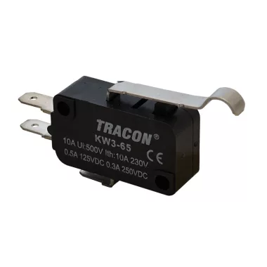 TRACON KW3-65 Helyzetkapcsoló, mikro, íves-rugószár 1×CO 10A/230VAC, 0,3A/250VDC, 28mm, 4,8x0,5 mm, IP00