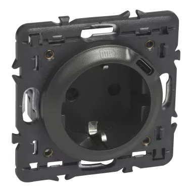 LEGRAND 067913 Céliane 2P+F csatlakozóaljzat + USB-C töltőaljzat 1,5A-5V-7,5W, körmös/csavaros rögzítés, rugós bekötéssel, grafit