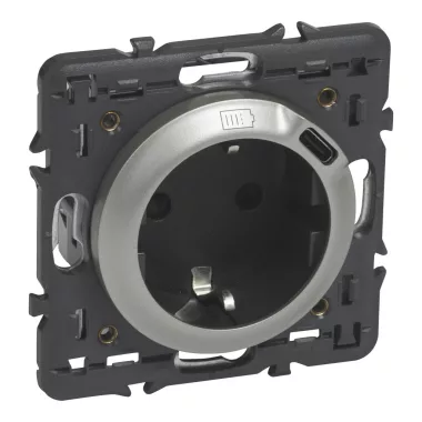 LEGRAND 068419 Céliane 2P+F csatlakozóaljzat + USB-C töltőaljzat 1,5A-5V-7,5W, körmös/csavaros rögzítés, rugós bekötéssel, titán