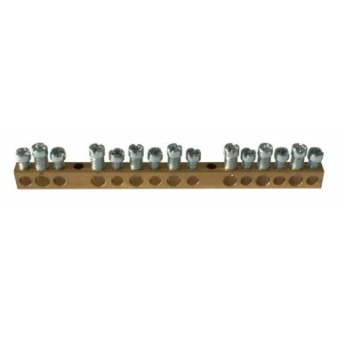 LEGRAND 134002 PractiboxS screw-fastened bare brass PE distribution terminal, 15 connection points, 7x16mm² + 8x10mm²; Icc=6 kA