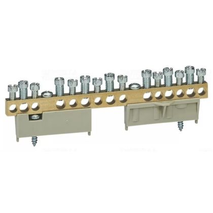   LEGRAND 134012 PractiboxS screw-fastened bare brass N distribution terminal, 15 connection points, 7x16mm² + 8x10mm²; Icc=6 kA