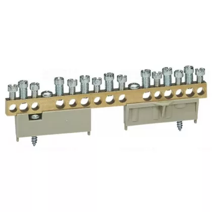   LEGRAND 134012 PractiboxS screw-fastened bare brass N distribution terminal, 15 connection points, 7x16mm² + 8x10mm²; Icc=6 kA
