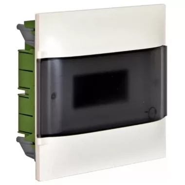 LEGRAND 134176 PractiboxS gipszkartonba süllyeszthető kiselosztó (850°C),  átlátszó füstszínű ajtóval, védőföld és nulla elosztókapoccsal, 1 sor 6 modul