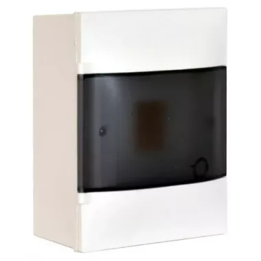 LEGRAND 134214 PractiboxS falon kívüli kiselosztó, átlátszó füstszínű ajtóval, védőföld és nulla elosztókapoccsal, 1 sor 4 modul