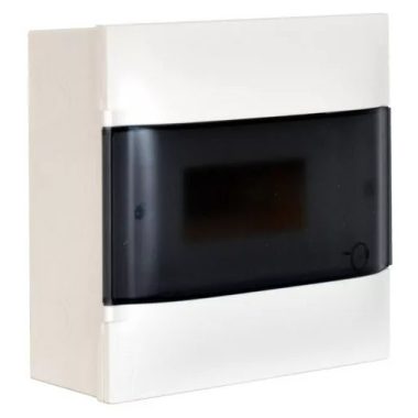 LEGRAND 134218 PractiboxS falon kívüli kiselosztó, átlátszó füstszínű  ajtóval, védőföld és nulla elosztókapoccsal, 1 sor 8 modul