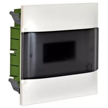 LEGRAND 135151 PractiboxS téglafalba süllyeszthető kiselosztó(650°C), átlátszó füstszínű ajtóval, védőföld és nulla elosztókapoccsal, 1 sor 12 modul