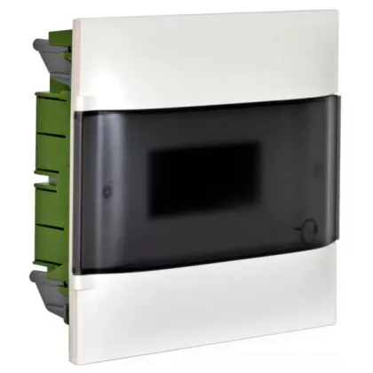 LEGRAND 135151 PractiboxS téglafalba süllyeszthető kiselosztó(650°C), átlátszó füstszínű ajtóval, védőföld és nulla elosztókapoccsal, 1 sor 12 modul