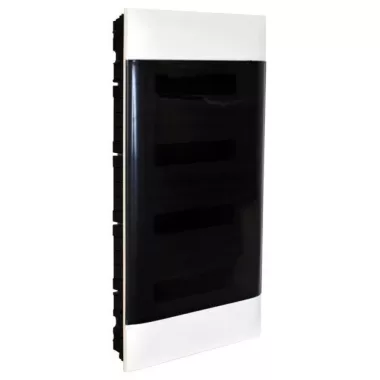 LEGRAND 135154 PractiboxS téglafalba süllyeszthető kiselosztó(650°C), átlátszó füstszínű ajtóval, védőföld és nulla elosztókapoccsal, 4 sor 12 modul