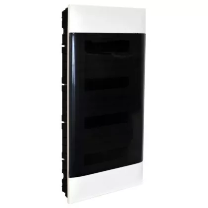   LEGRAND 135154 PractiboxS téglafalba süllyeszthető kiselosztó(650°C), átlátszó füstszínű ajtóval, védőföld és nulla elosztókapoccsal, 4 sor 12 modul