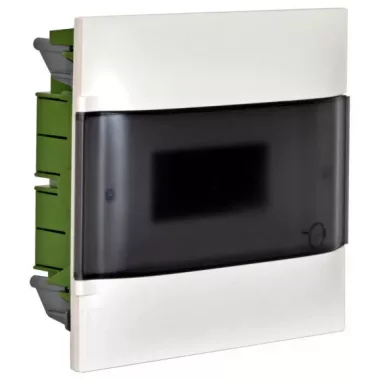 LEGRAND 135171 PractiboxS flush-mounted distribution board in plasterboard (850°C), with transparent smoke-colored door, protective earth and neutral distribution terminal, 1 row 12 modules