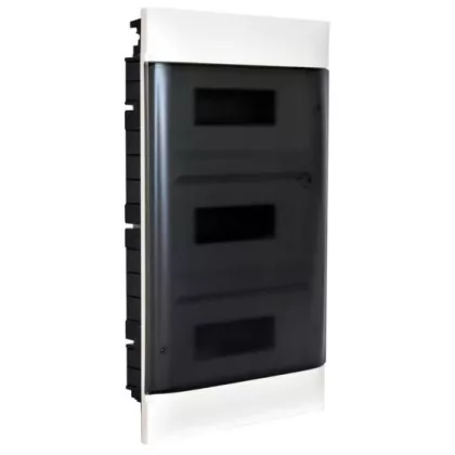 LEGRAND 135173 PractiboxS gipszkartonba süllyeszthető kiselosztó(850°C), átlátszó füstszínű ajtóval, védőföld és nulla elosztókapoccsal, 3 sor 12 modul