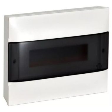 LEGRAND 135211 PractiboxS falon kívüli kiselosztó(650°C), átlátszó füstszínű ajtóval, védőföld és nulla elosztókapoccsal, 1 sor 12 modul