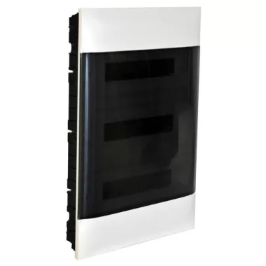 LEGRAND 137178 PractiboxS gipszkartonba süllyeszthető kiselosztó(850°C), átlátszó füstszínű ajtóval, védőföld és nulla elosztókapoccsal, 3 sor 18 modul