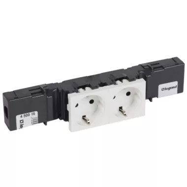 LEGRAND 450016 Program Mosaic kábelcsatornába szerelhető sínezett, sorolt, földelt 2 x 2P+F dugalj csatlakozóaljzat, kábelrögzítővel, gyermekvédelemmel, fehér