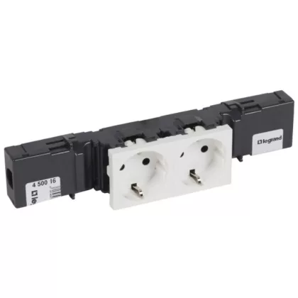   LEGRAND 450016 Program Mosaic kábelcsatornába szerelhető sínezett, sorolt, földelt 2 x 2P+F dugalj csatlakozóaljzat, kábelrögzítővel, gyermekvédelemmel, fehér