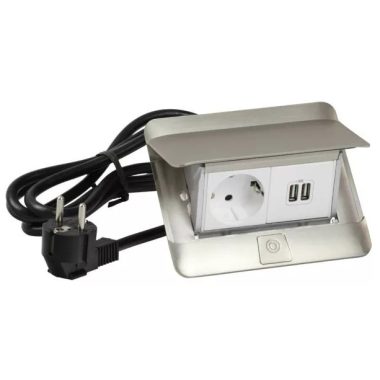 LEGRAND 654009 Pop-up equipped openable recessed box 4 modules, 1x2P+F, 2xUSB (2.4A), 2 m cable with 2P+F plug, stainless steel