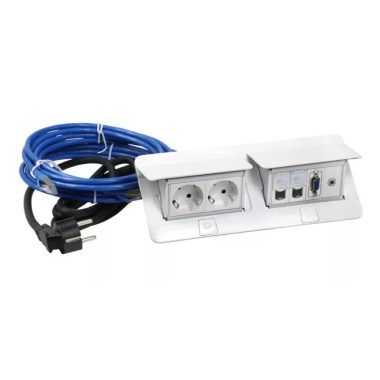 LEGRAND 654012 Pop-up equipped opening flush-mounted box 8 modules, 1x2P+F, 2xRJ45 Cat.6 UTP, 1xHD15, 2 m cable with 2P+F plug, 3 m RJ 45 cable, 0.1 m VGA cable, 0.1 m jack 3.5 mm, white