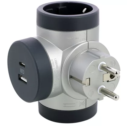   LEGRAND 694524 Kettős 2P+F elosztódugó USB-A + USB-C, alumínium