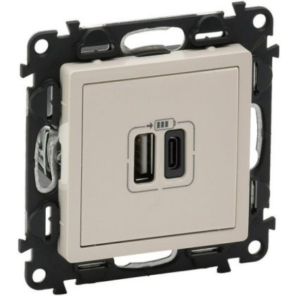   LEGRAND 753206 Valena Life Töltőaljzat Kettős USB C-típusú + USB A-típusú csatlakozóval, 5V–3A–15W, Túlfesz-védelem >1kW, Class II SELV, Elefántcsont