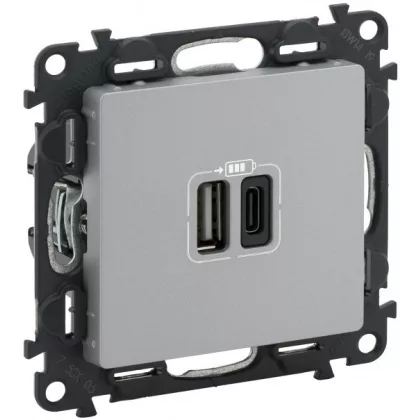   LEGRAND 753306 Valena Life Charging socket Dual USB with C-type + USB A-type connector, 5V – 3A – 15W, Surge protection> 1kW, Class II SELV, Aluminum