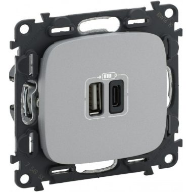 LEGRAND 754967 Valena Allure Töltőaljzat Kettős USB C-típusú + USB A-típusú csatlakozóval, 5V–3A–15W, Túlfesz-védelem >1kW, Class II SELV, Alumínium