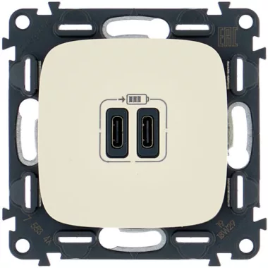 LEGRAND 755346 Valena Allure Töltőaljzat Kettős USB C-típusú csatlakozóval, 5V–3A–15W, Túlfesz-védelem >1kW, Class II SELV, Elefántcsont