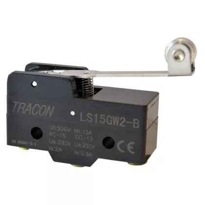   TRACON LS15GW2-B Helyzetkapcsoló, rugószáras-görgős 1xCO, 2A/230V AC-15, 0,3A/250V DC-13, 35mm, IP00