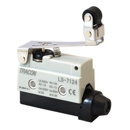   TRACON LS7124 Helyzetkapcsoló, rugószáras-csuklógörgő 1xCO,2A/230V AC-15, 0,3A/250V DC-13, 65mm, IP40