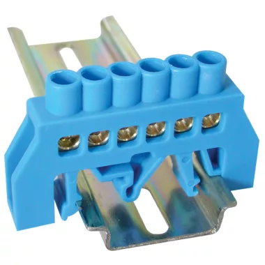 TRACON NPE-B6-6 Szigetelt földelősín (N/PE), kék 230/400VAC, 63A, 6×9mm, 6P, IP20