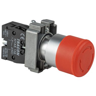 TRACON NYG442P30T Tokozott reteszelt gombafejű vészgomb, piros, elfordítással 1×NC, 3A/400V AC, IP44, d=30mm