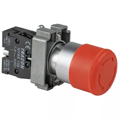 TRACON NYG442P30TS Tok.reteszelt gombafejű vészgomb, piros, sárga fed., elford. 1×NC, 3A/400V AC, IP44, d=30mm