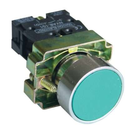 TRACON NYGBA31ZT Tokozott egyszerű nyomógomb, fémalapra szerelt, zöld 1×NO, 3A/240V AC, IP