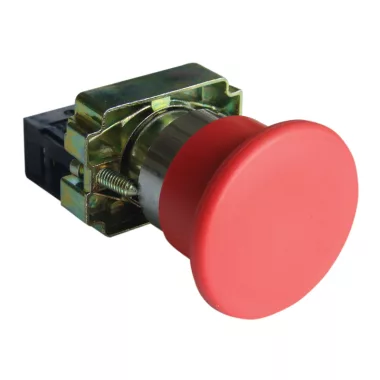 TRACON NYGBC42PTS Tok. gombafejű vésznyomógomb, fémalap,piros,sárga f.,nem ret 1×NC, 3A/400V AC, IP42, d=40mm
