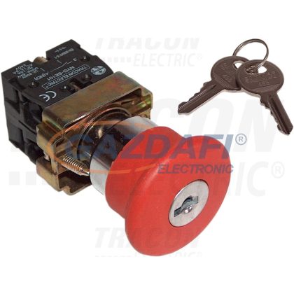   TRACON NYGBS142P Reteszelt gombafejű vészgomb, fémalap, piros, kulcsos 1×NC, 3A/400V AC, IP42, d=40mm