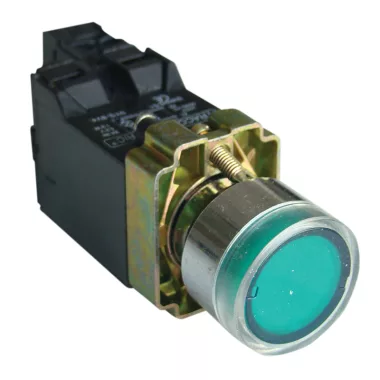 TRACON NYGBW3341Z Világító nyomógomb, fémalap, trafóval, zöld, glim, izzó nélk 1×NO, 3A/230V AC, 6V, IP42