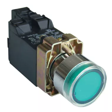 TRACON NYGBW3351Z Világító nyomógomb, fémalap, trafóval, zöld, glim, izzó nélk 1×NO, 3A/400V AC, 6V, IP42
