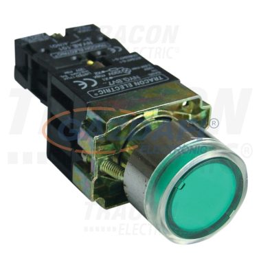 TRACON NYGBW3371ZT Tokozott világító nyomógomb, fémalap, előtét, zöld, glim 1×NO, 3A/230V AC, 130V, IP44