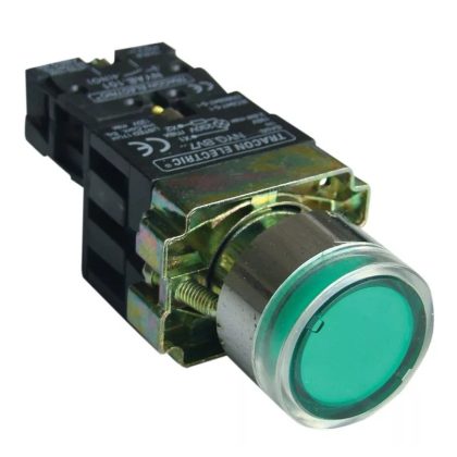   TRACON NYGBW3371ZT Tokozott világító nyomógomb, fémalap, előtét, zöld, glim 1×NO, 3A/230V AC, 130V, IP44