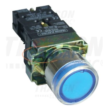 TRACON NYGBW33KT Tokozott világító nyomógomb, fémalapra szerelt, kék, glim 1×NO, 3A/400V AC, 230V, IP44