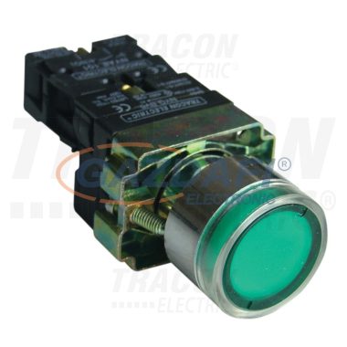 TRACON NYGBW33ZT Tokozott világító nyomógomb, fémalapra szerelt, zöld, glim 1×NO, 3A/400V AC, 230V, IP44
