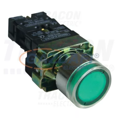 TRACON NYGBW33ZT Tokozott világító nyomógomb, fémalapra szerelt, zöld, glim 1×NO, 3A/400V AC, 230V, IP44 TRACON NYGBW33ZT Tokozott világító nyomógomb, fémalapra szerelt, zöld, glim 1×NO, 3A/400V AC, 230V, IP44