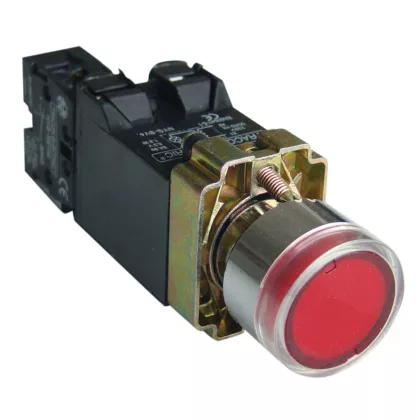   TRACON NYGBW3441P Világító nyomógomb, fémalap, trafóval,piros,glim,izzó nélk. 1×NC, 3A/230V AC, 6V, IP42