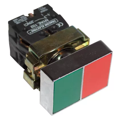 TRACON NYKK8325T Tokozott kettős BE-KI nyomógomb, fémalap, zöld+piros 1×NC+1×NO, 3A/400V A