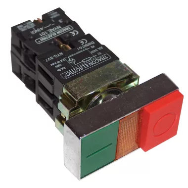 TRACON NYKK8465 Kettős BE-KI nyomógomb, fémalap, zöld+piros jelzőfény kiálló 1×NC+1×NO, 3A/400V AC, IP42
