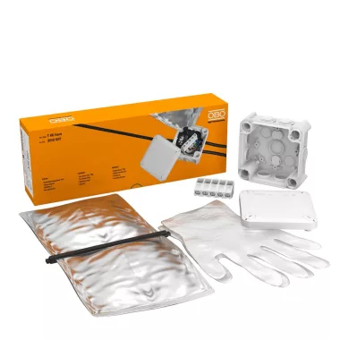 OBO 2010007 kábel-leágazódoboz terminal strip, casting resin 114x114x57 polipropilén világos- szürke RAL 7035
