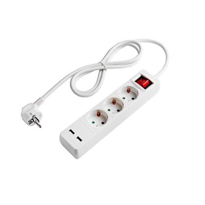   OPTONICA 7615 3-as elosztó gyermekvédelemmel kapcsolóval+2 usb aljzattal (2.1A TOTAL) H05VV-F3G1.5mm-1.5M, 16A, 250V, Max3500W - WHITE