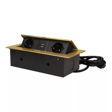 ORNO OR-AE-13126(GS)/BR Asztalba süllyeszthető elosztó és USB töltő, 2x2P+E, 2xUSB, sárgaréz színben, 1,5m kábellel