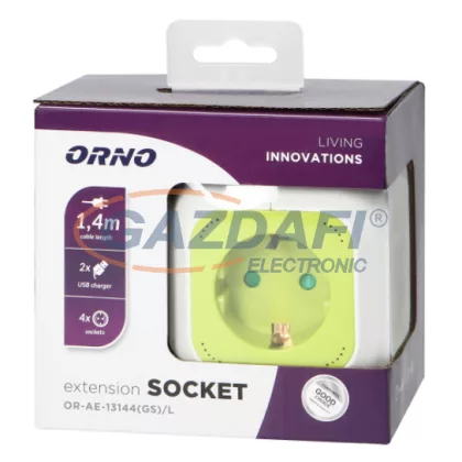   ORNO OR-AE-13144(GS)/L Hosszabbító, kocka, 4 aljzat, 2 x USB, 1,4 m kábel, fehér és lime színben