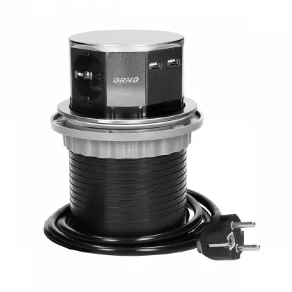   ORNO OR-AE-1381(GS) Asztalba süllyeszthető irodai elosztó USB töltővel, Ø10cm, 1,5 m kábellel