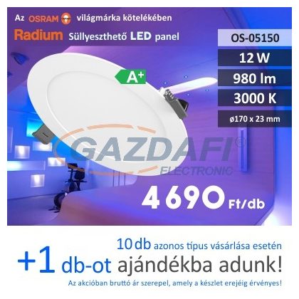   RADIUM Süllyesztett LED panel, kerek, 12W, 980Lm, 3000K 17x23mm